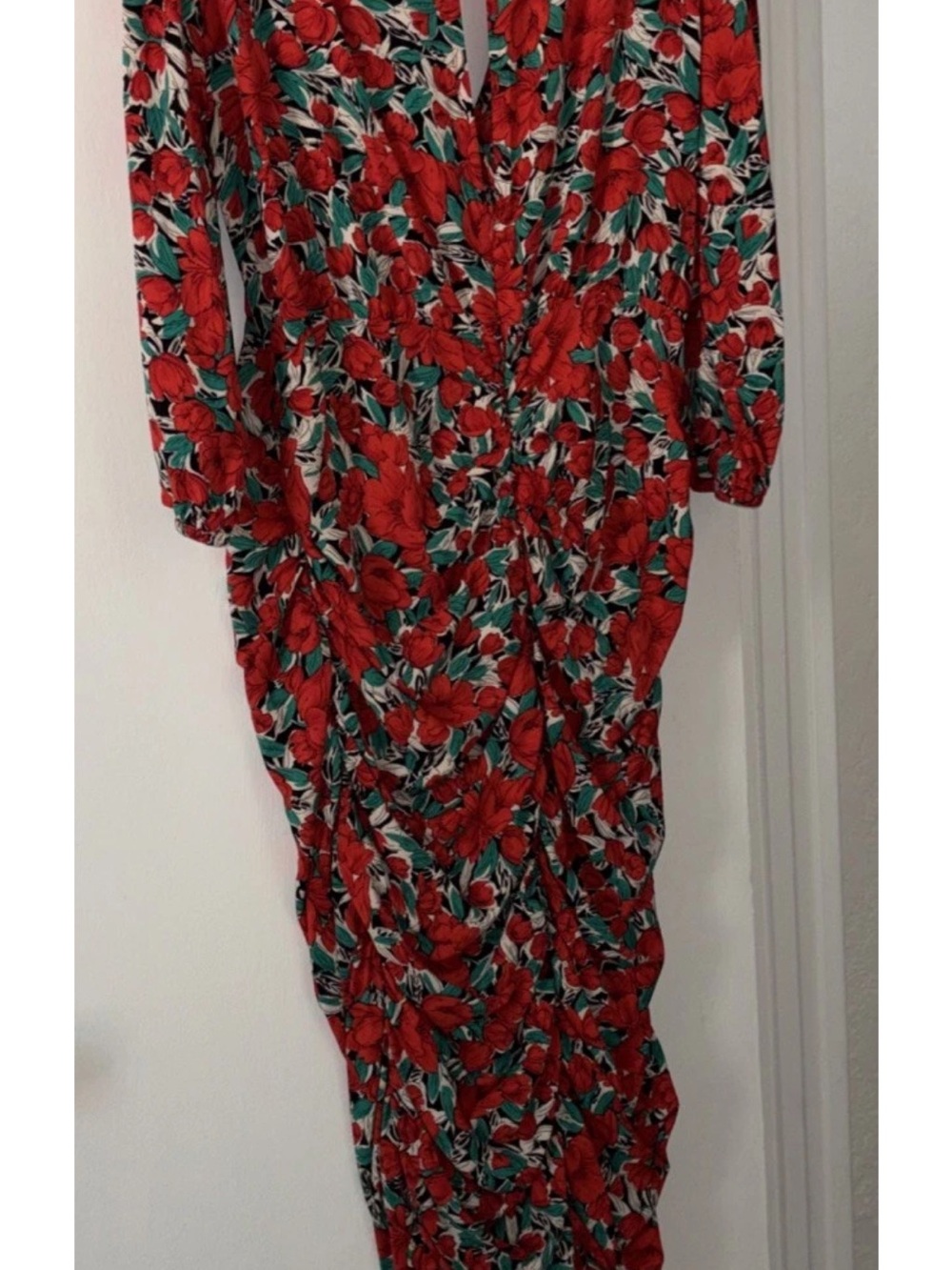 Boohoo Wiggle red green Poppy flowers Long Sleeve Women’s Dress Sz 14